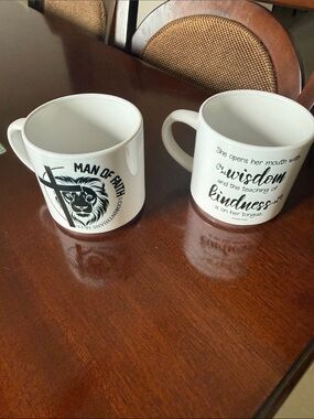 Cricut White Ceramic Mugs with Black Scripture and Lion Designs